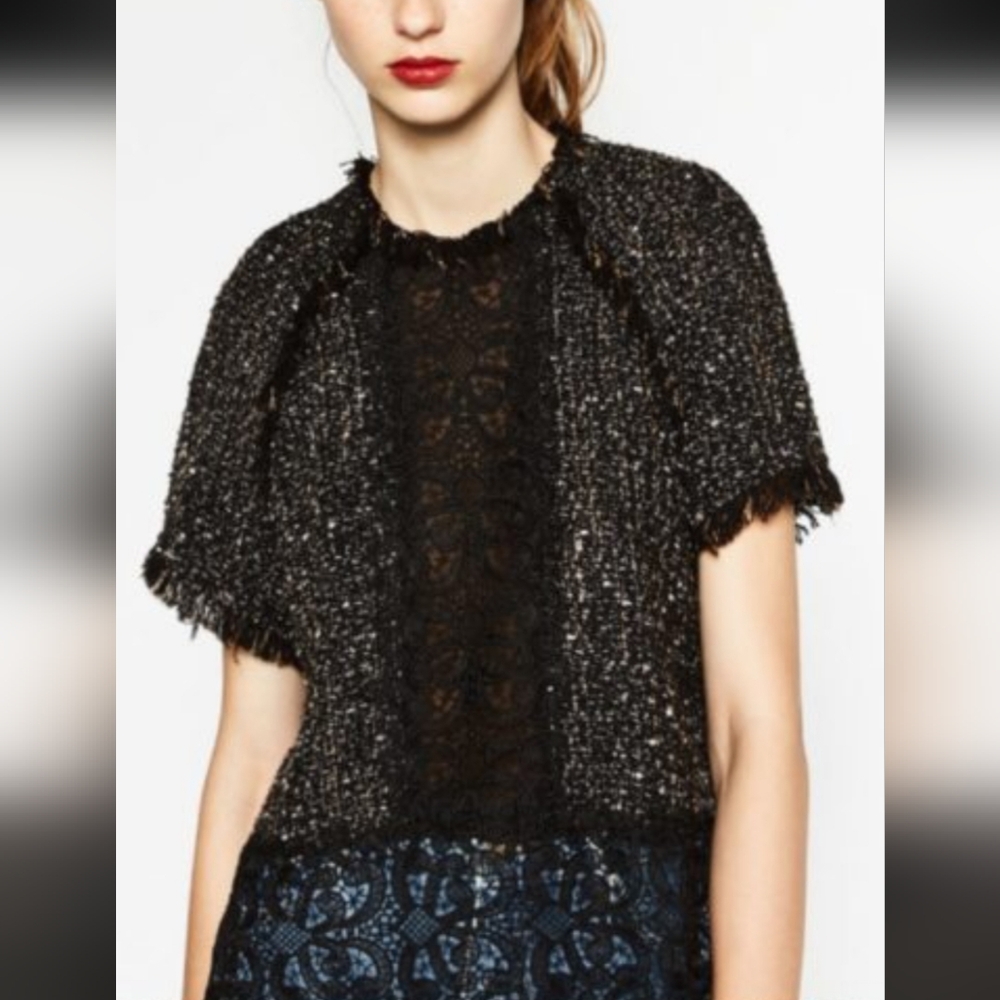 Zara Black Tweed Lace Inset Golden Shimmer Knit Short Sleeves Top